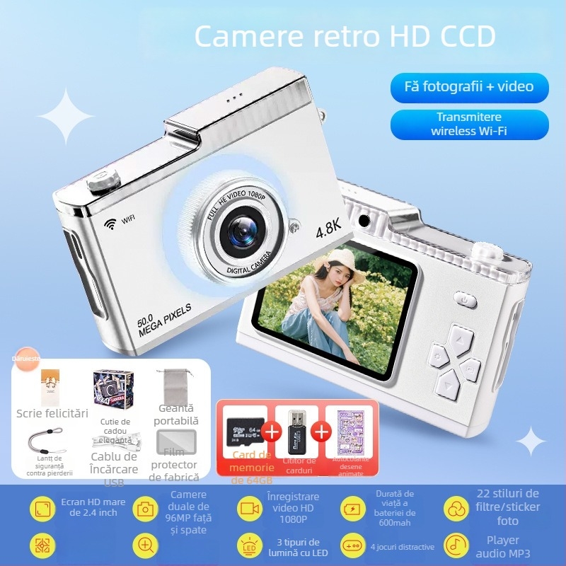 Cameră digitală retro CCD cu zoom optic 3x, model de intrare, senzor CCD