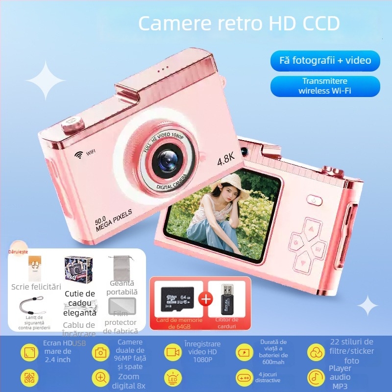 Cameră digitală retro CCD cu zoom optic 3x, model de intrare, senzor CCD