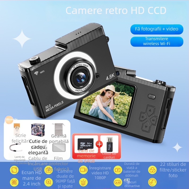 Cameră digitală retro CCD cu zoom optic 3x, model de intrare, senzor CCD