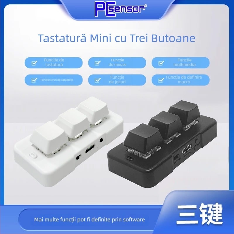 Mini tastatură mecanică Bluetooth cu 3 taste, iluminare RGB, axă verde și conectivitate în trei moduri