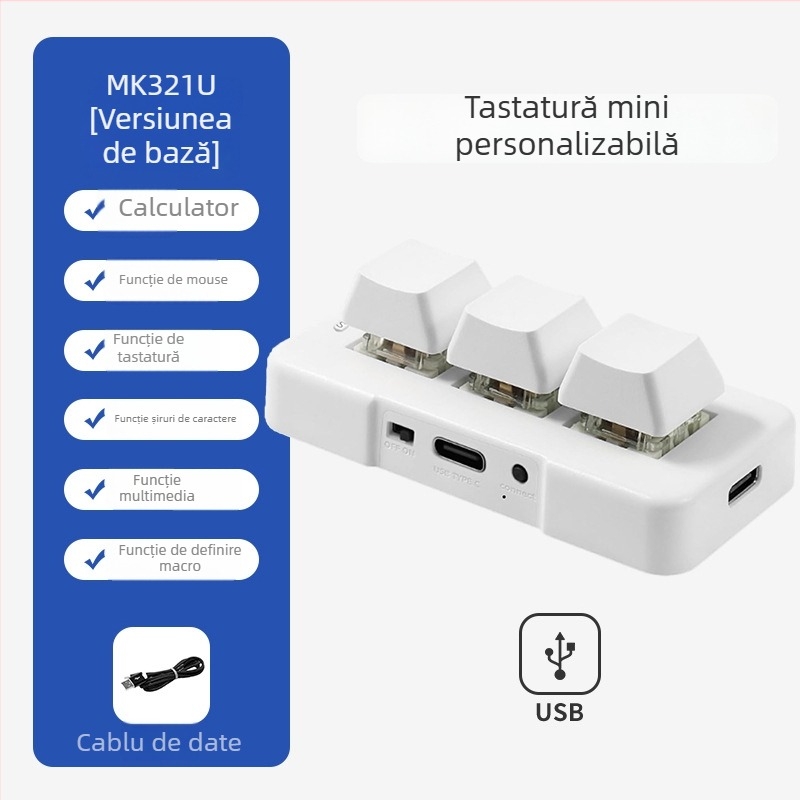 Mini tastatură mecanică Bluetooth cu 3 taste, iluminare RGB, axă verde și conectivitate în trei moduri