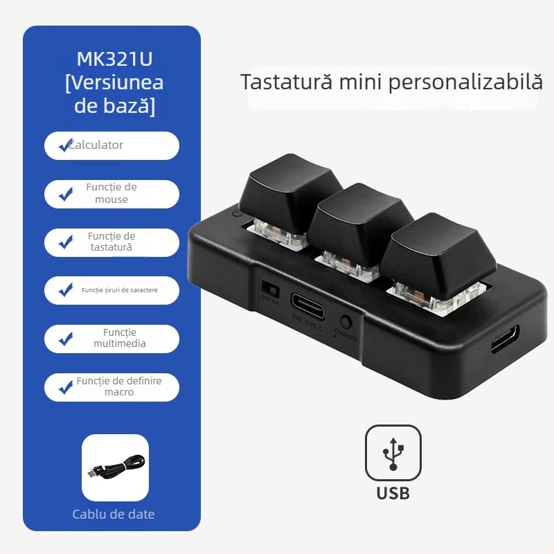 Mini tastatură mecanică Bluetooth cu 3 taste, iluminare RGB, axă verde și conectivitate în trei moduri