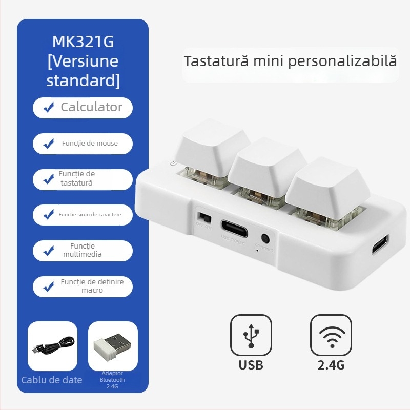 Mini tastatură mecanică Bluetooth cu 3 taste, iluminare RGB, axă verde și conectivitate în trei moduri
