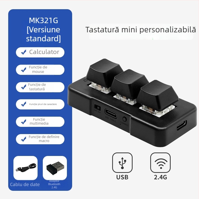 Mini tastatură mecanică Bluetooth cu 3 taste, iluminare RGB, axă verde și conectivitate în trei moduri