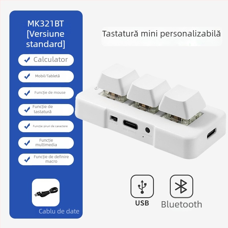 Mini tastatură mecanică Bluetooth cu 3 taste, iluminare RGB, axă verde și conectivitate în trei moduri