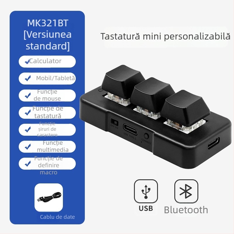 Mini tastatură mecanică Bluetooth cu 3 taste, iluminare RGB, axă verde și conectivitate în trei moduri