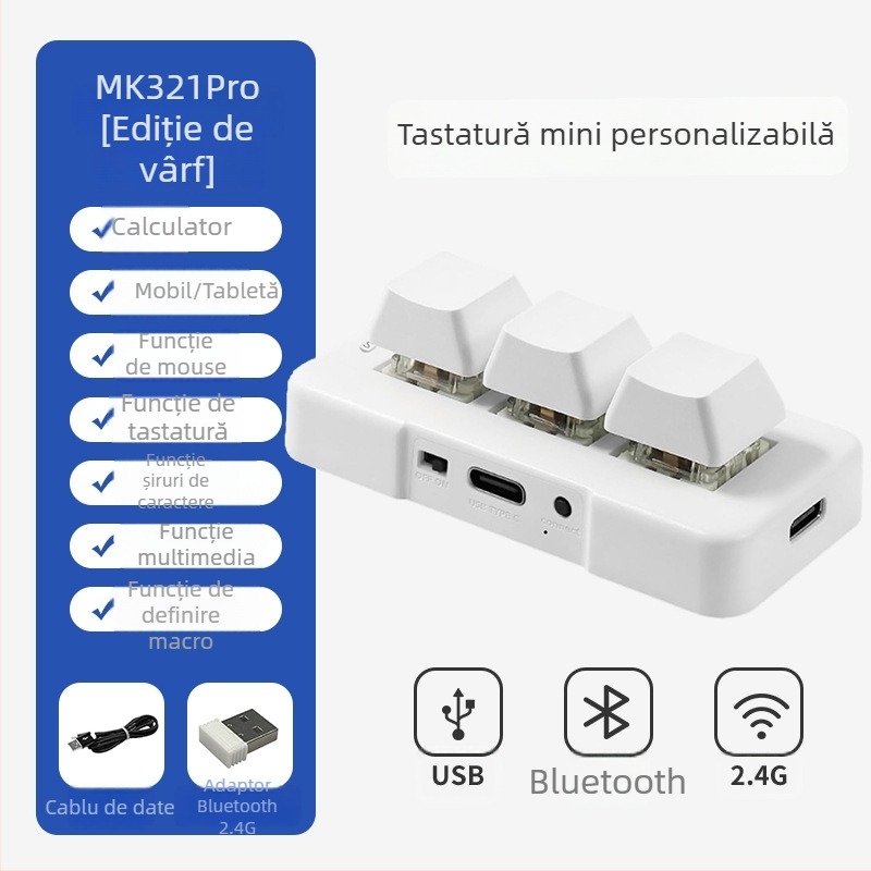 Mini tastatură mecanică Bluetooth cu 3 taste, iluminare RGB, axă verde și conectivitate în trei moduri