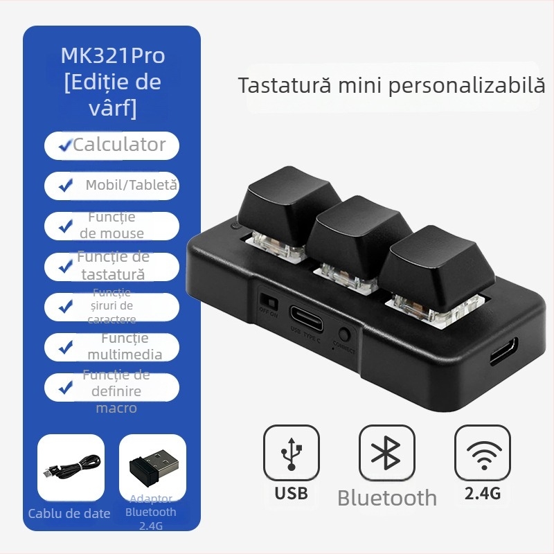 Mini tastatură mecanică Bluetooth cu 3 taste, iluminare RGB, axă verde și conectivitate în trei moduri