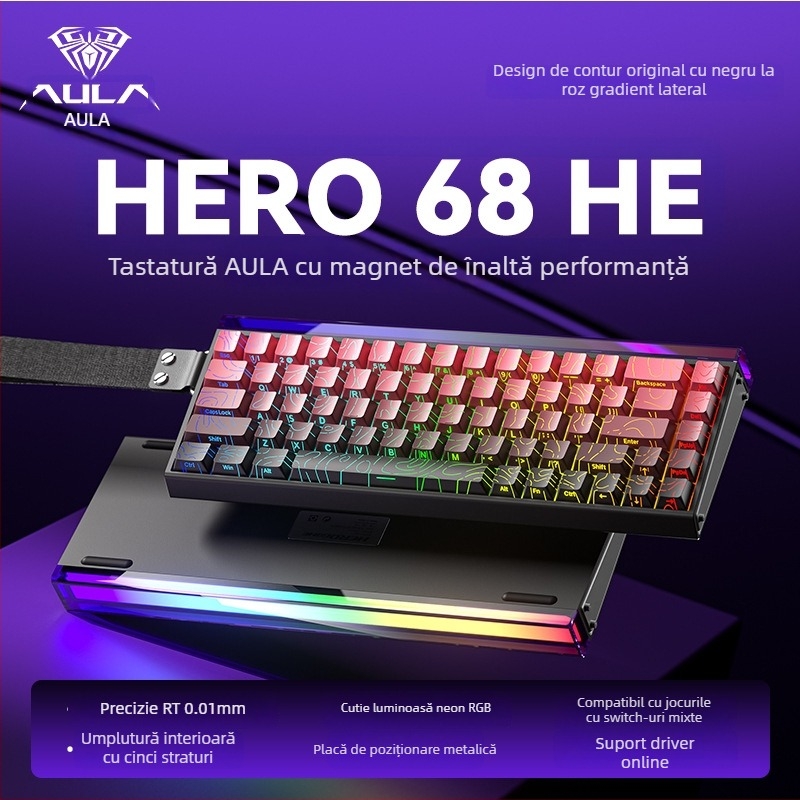 Tastatură mecanică cu fir, 87 taste, ax magnetic Neptune, iluminare RGB, carcasă din aliaj de aluminiu