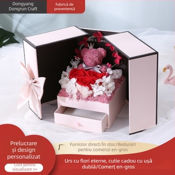 Cutie cadou cu floare veșnică, ursuleț din trandafiri și cutie de bijuterii cu uși duble (Material: Floare Veșnică; Varietate: Trandafir; Brand: Runye; Ambalare: Cutie cadou)