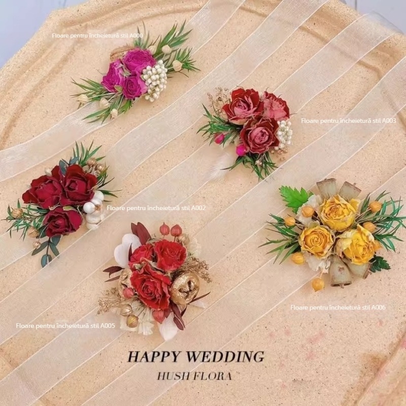 Corsage de mireasă cu flori uscate și veșnic înflorite – variante Roză, Starry Sky, accesorii pentru încheietura mâinii