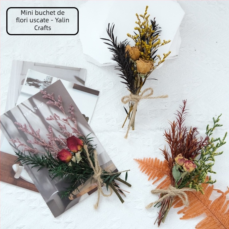 Buchet mic din flori uscate pentru decor de nuntă, accesorii handmade, varietăți Roz și Starry Sky