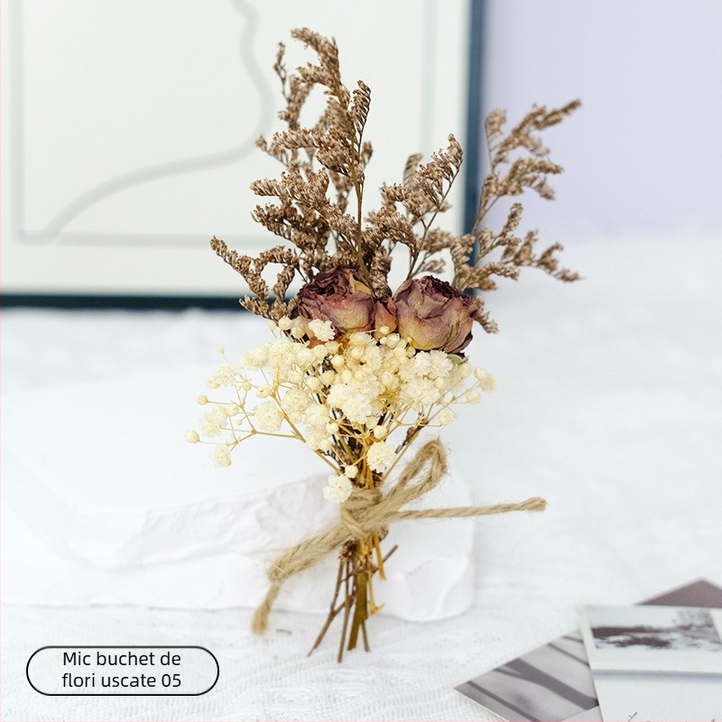 Buchet mic din flori uscate pentru decor de nuntă, accesorii handmade, varietăți Roz și Starry Sky