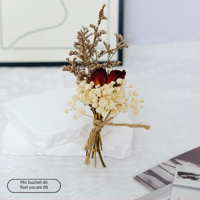 Buchet mic din flori uscate pentru decor de nuntă, accesorii handmade, varietăți Roz și Starry Sky