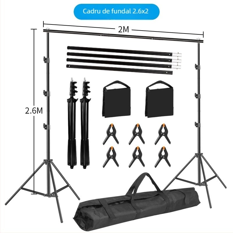 Cadru de fundal pentru fotografia produselor – cadru din țevi metalice/feroase; greutate 3 kg+; include stativ, clipuri și geantă
