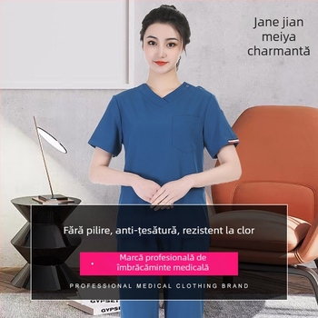 Set scrubs medical unisex – uscare rapidă, anti-static, top cu mâneci scurte și decolteu în V, pantaloni, amestec poliester-spandex (≥95% poliester), evacuare umezeală