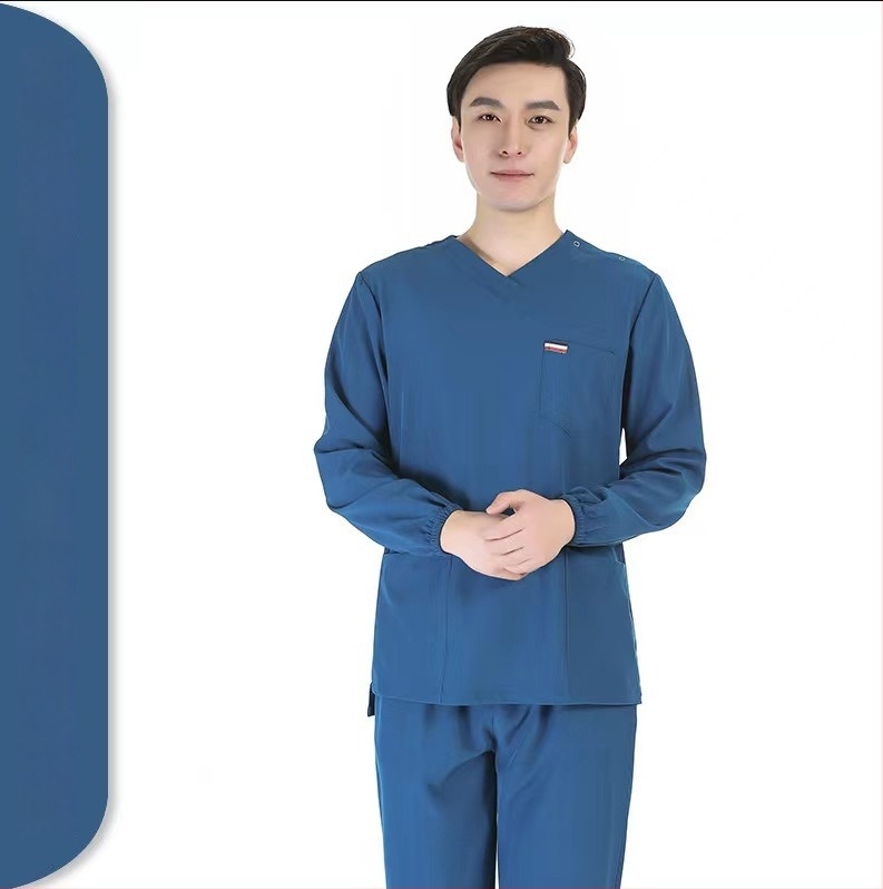 Set scrubs medical unisex – uscare rapidă, anti-static, top cu mâneci scurte și decolteu în V, pantaloni, amestec poliester-spandex (≥95% poliester), evacuare umezeală