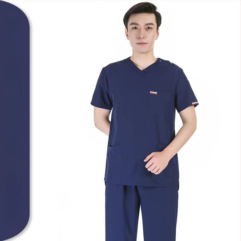 Set scrubs medical unisex – uscare rapidă, anti-static, top cu mâneci scurte și decolteu în V, pantaloni, amestec poliester-spandex (≥95% poliester), evacuare umezeală
