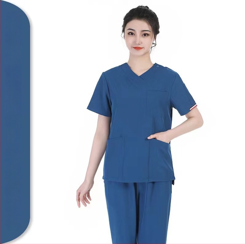 Set scrubs medical unisex – uscare rapidă, anti-static, top cu mâneci scurte și decolteu în V, pantaloni, amestec poliester-spandex (≥95% poliester), evacuare umezeală