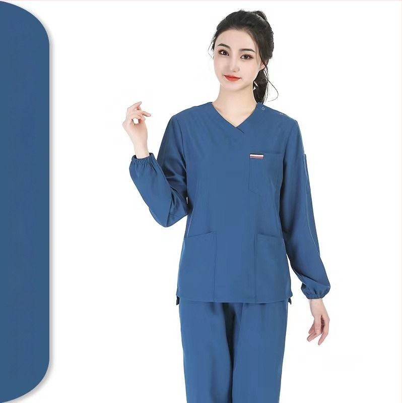 Set scrubs medical unisex – uscare rapidă, anti-static, top cu mâneci scurte și decolteu în V, pantaloni, amestec poliester-spandex (≥95% poliester), evacuare umezeală