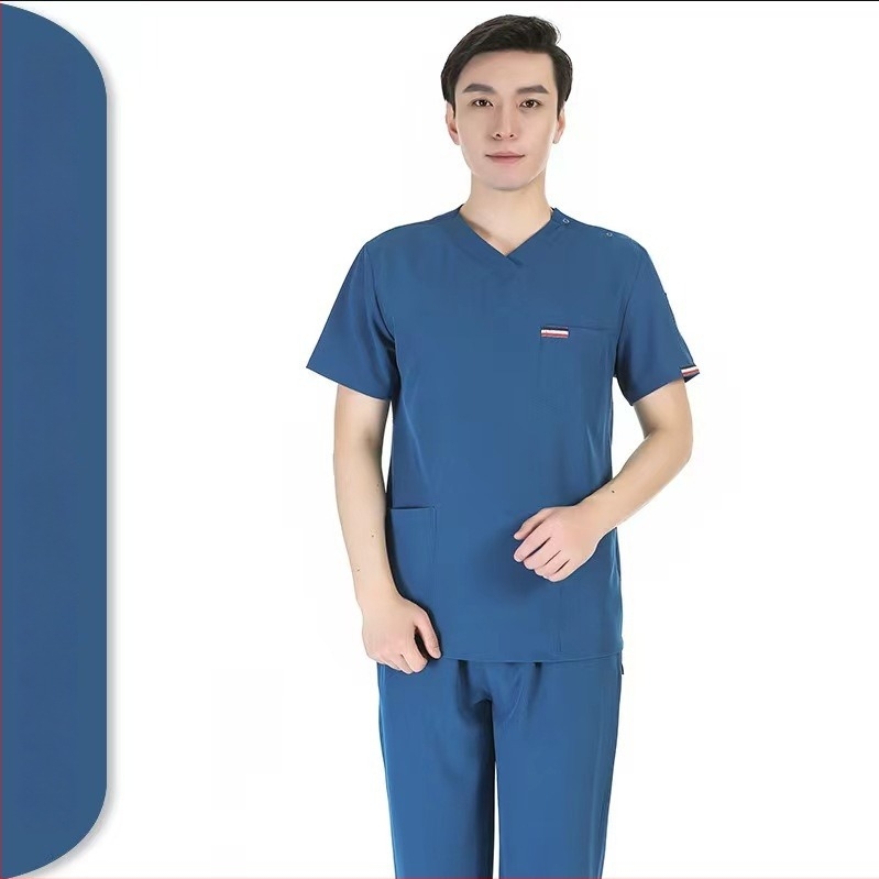 Set scrubs medical unisex – uscare rapidă, anti-static, top cu mâneci scurte și decolteu în V, pantaloni, amestec poliester-spandex (≥95% poliester), evacuare umezeală