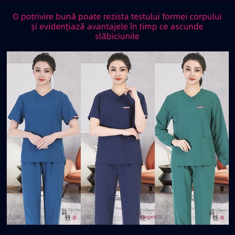 Set scrubs medical unisex – uscare rapidă, anti-static, top cu mâneci scurte și decolteu în V, pantaloni, amestec poliester-spandex (≥95% poliester), evacuare umezeală
