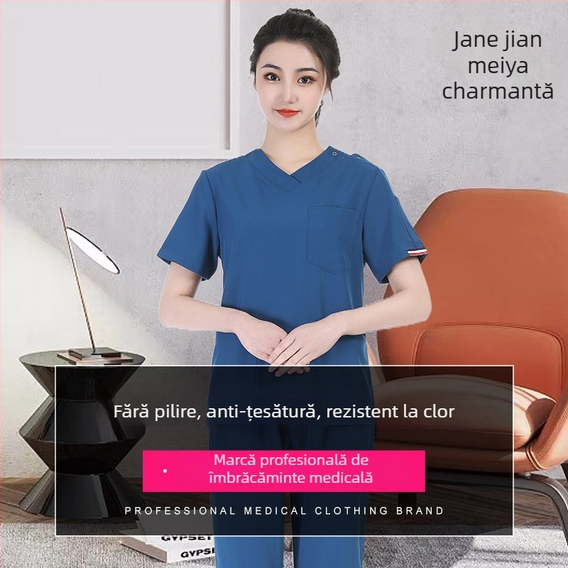 Set scrubs medical unisex – uscare rapidă, anti-static, top cu mâneci scurte și decolteu în V, pantaloni, amestec poliester-spandex (≥95% poliester), evacuare umezeală