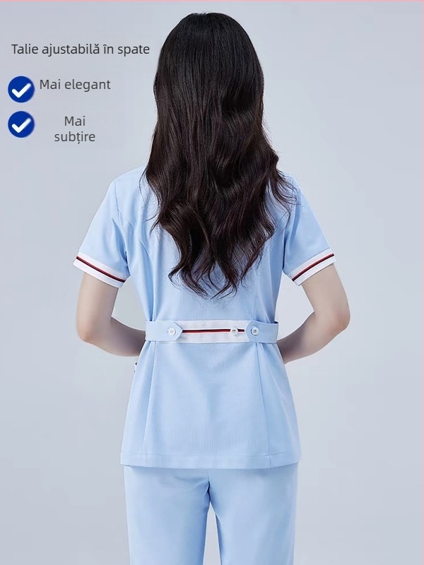 Set de două piese pentru uniformă medicală – Bluza și pantalon, mâneci scurte, guler rotund, material cu absorbție a umezelii (Bumbac 30–50%, Poliester 50–70%; Mâneci standard; Lungime standard)