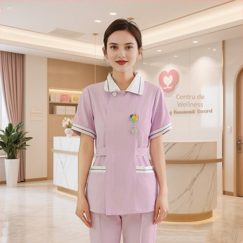 Set de două piese pentru uniformă medicală – Bluza și pantalon, mâneci scurte, guler rotund, material cu absorbție a umezelii (Bumbac 30–50%, Poliester 50–70%; Mâneci standard; Lungime standard)