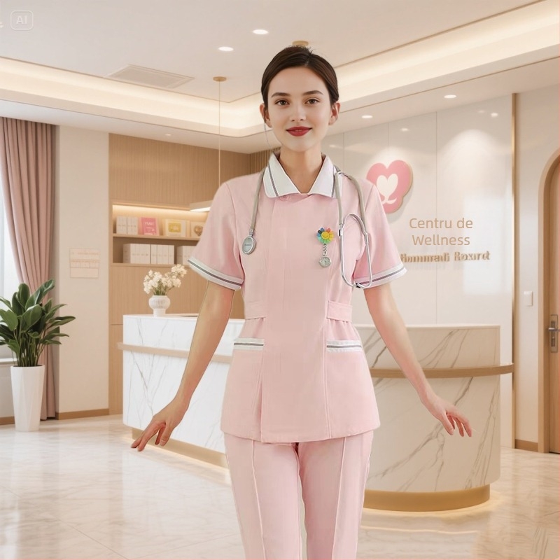 Set de două piese pentru uniformă medicală – Bluza și pantalon, mâneci scurte, guler rotund, material cu absorbție a umezelii (Bumbac 30–50%, Poliester 50–70%; Mâneci standard; Lungime standard)