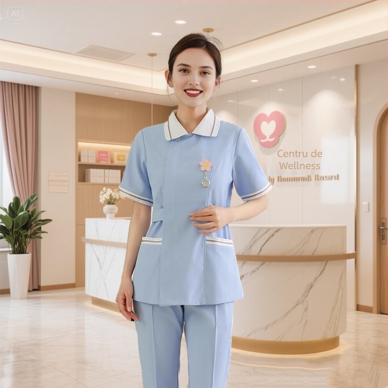 Set de două piese pentru uniformă medicală – Bluza și pantalon, mâneci scurte, guler rotund, material cu absorbție a umezelii (Bumbac 30–50%, Poliester 50–70%; Mâneci standard; Lungime standard)