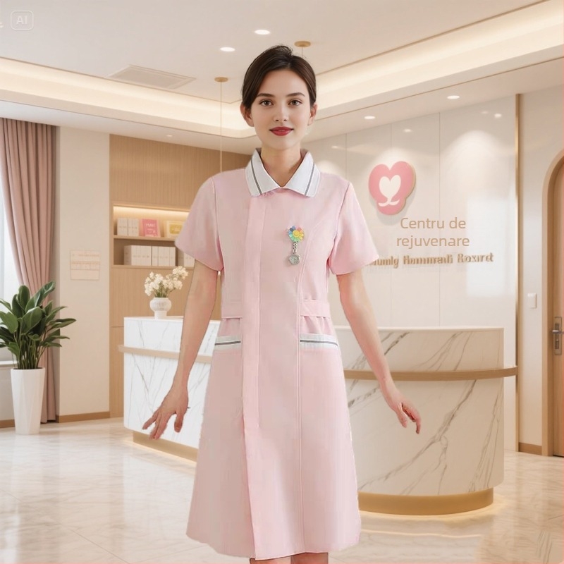 Set de două piese pentru uniformă medicală – Bluza și pantalon, mâneci scurte, guler rotund, material cu absorbție a umezelii (Bumbac 30–50%, Poliester 50–70%; Mâneci standard; Lungime standard)