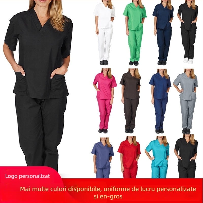 Uniformă medicală cu decolteu în V și buzunare, mâneci scurte, pantaloni, material care evacuează umezeala poliester-spandex, vară