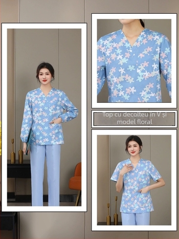 Uniformă florală de îngrijire medicală, set din două piese cu mâneci lungi, sacou cu decolteu în V și pantaloni cu șnur elastic, țesătură poliester-cotton, absorbție umidă, pentru spitale și clinici