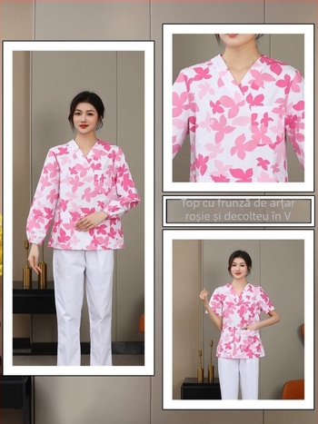 Uniformă florală de îngrijire medicală, set din două piese cu mâneci lungi, sacou cu decolteu în V și pantaloni cu șnur elastic, țesătură poliester-cotton, absorbție umidă, pentru spitale și clinici