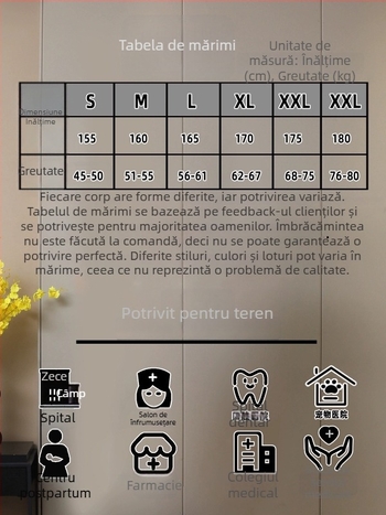 Uniformă florală de îngrijire medicală, set din două piese cu mâneci lungi, sacou cu decolteu în V și pantaloni cu șnur elastic, țesătură poliester-cotton, absorbție umidă, pentru spitale și clinici