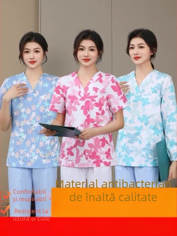 Uniformă florală de îngrijire medicală, set din două piese cu mâneci lungi, sacou cu decolteu în V și pantaloni cu șnur elastic, țesătură poliester-cotton, absorbție umidă, pentru spitale și clinici
