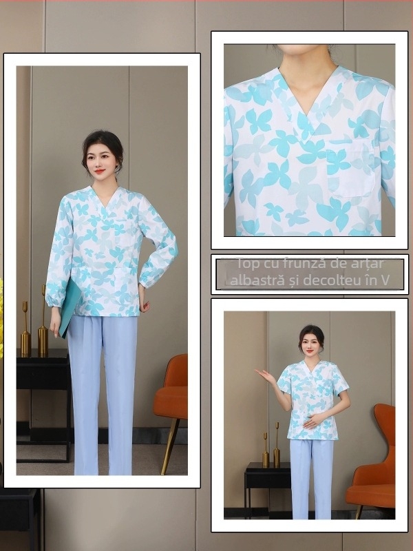 Uniformă florală de îngrijire medicală, set din două piese cu mâneci lungi, sacou cu decolteu în V și pantaloni cu șnur elastic, țesătură poliester-cotton, absorbție umidă, pentru spitale și clinici