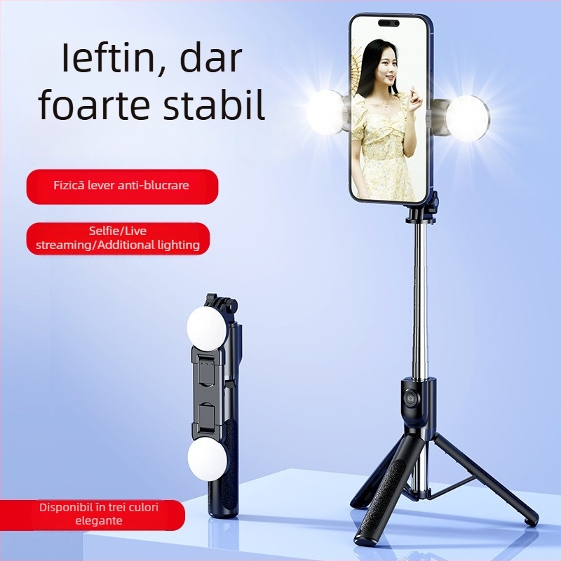 Selfie stick Z115 cu trepied, extensibil 1,2 m, telecomandă Bluetooth, lumină LED pentru poze, suport EIS