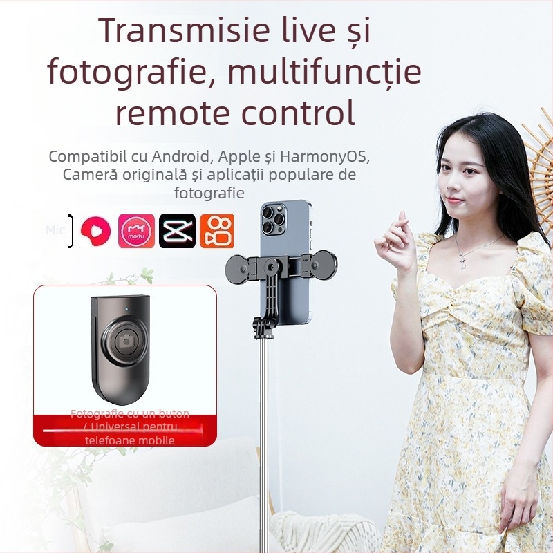 Selfie stick Z115 cu trepied, extensibil 1,2 m, telecomandă Bluetooth, lumină LED pentru poze, suport EIS