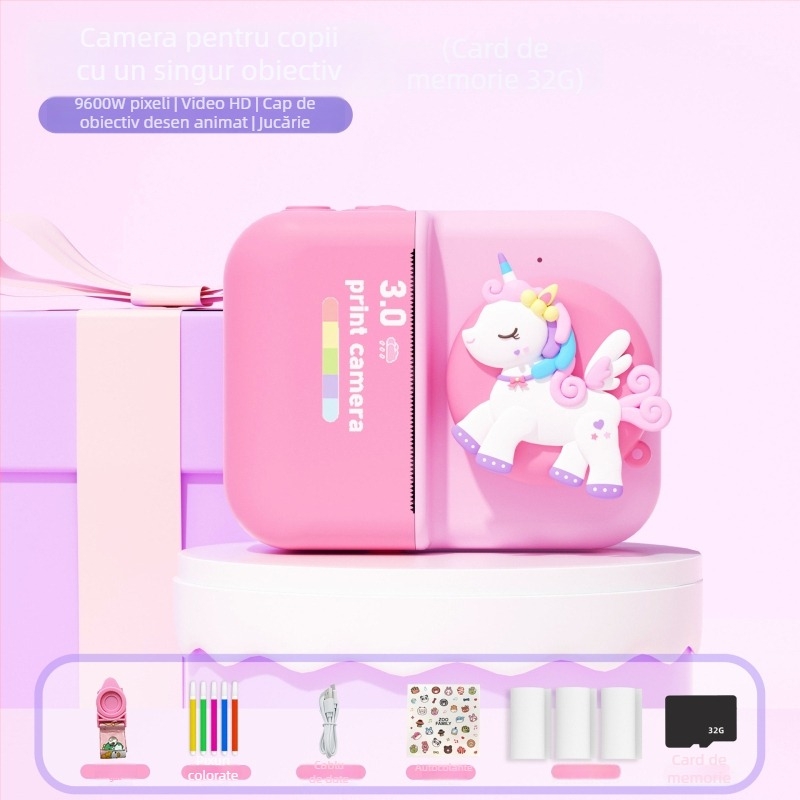 D8s Cameră Polaroid pentru copii cu imprimare, camere frontale și spate duale, ecran LCD de 2,0 inchi, stocare TF, imprimantă termică