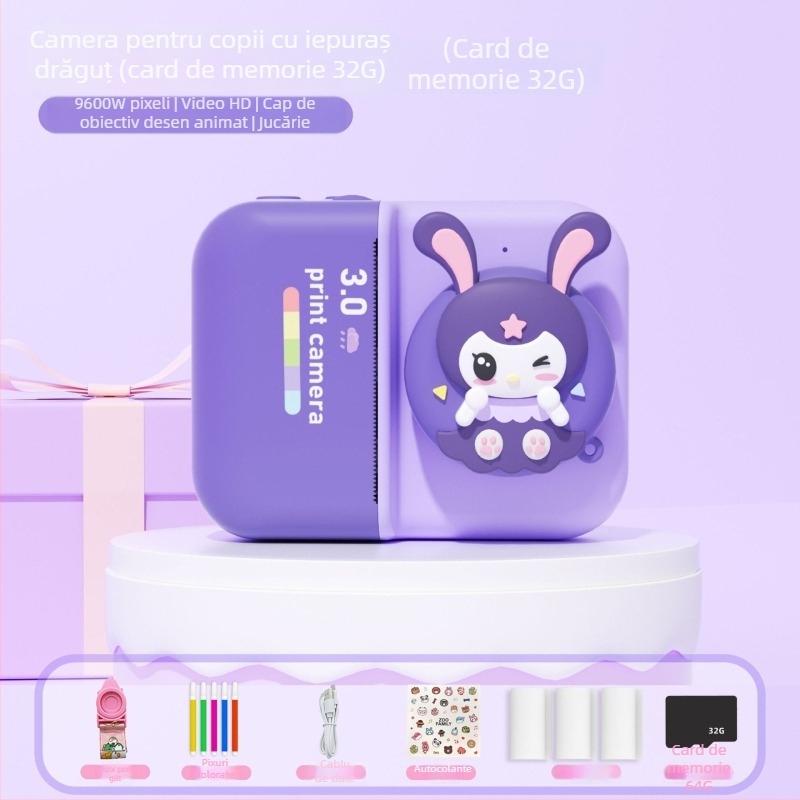 D8s Cameră Polaroid pentru copii cu imprimare, camere frontale și spate duale, ecran LCD de 2,0 inchi, stocare TF, imprimantă termică