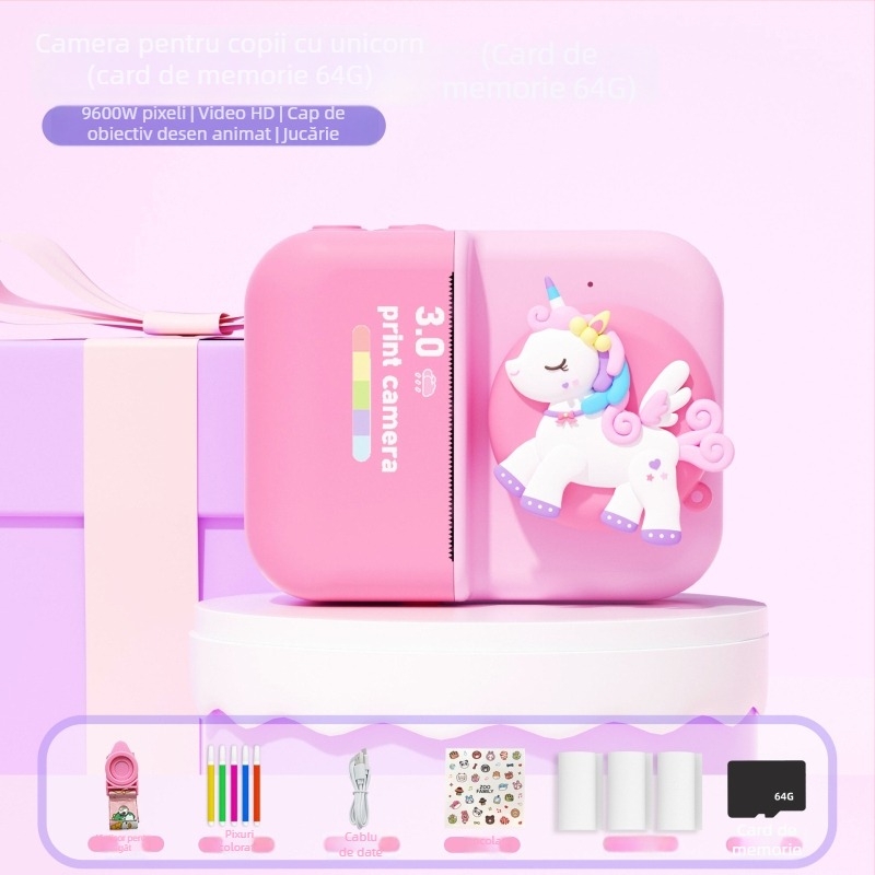 D8s Cameră Polaroid pentru copii cu imprimare, camere frontale și spate duale, ecran LCD de 2,0 inchi, stocare TF, imprimantă termică