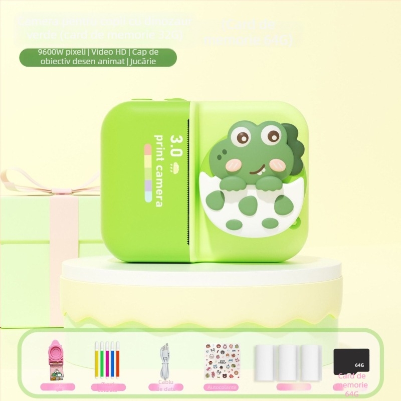 D8s Cameră Polaroid pentru copii cu imprimare, camere frontale și spate duale, ecran LCD de 2,0 inchi, stocare TF, imprimantă termică