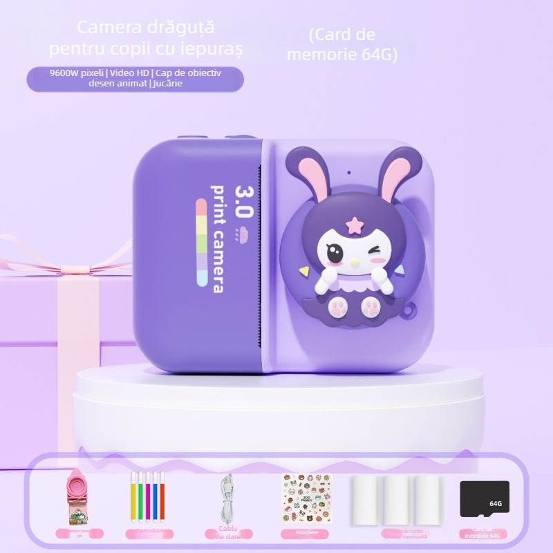 D8s Cameră Polaroid pentru copii cu imprimare, camere frontale și spate duale, ecran LCD de 2,0 inchi, stocare TF, imprimantă termică