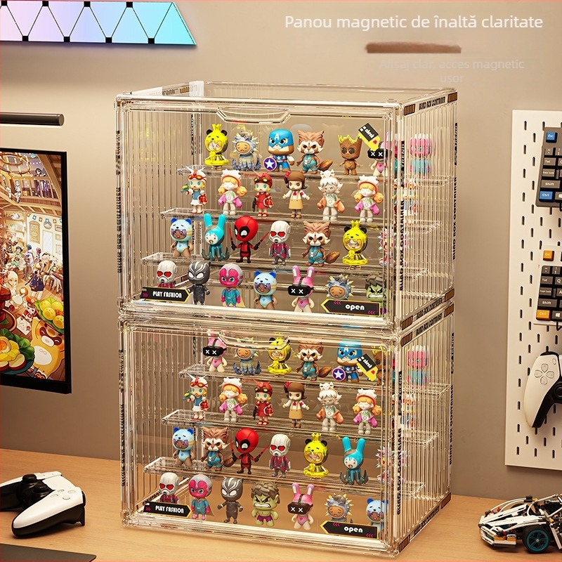 Vitrină de expunere pentru figuri, din PET transparent, cu compartimente, poate fi stivuit, capacitate 12 L, design modern