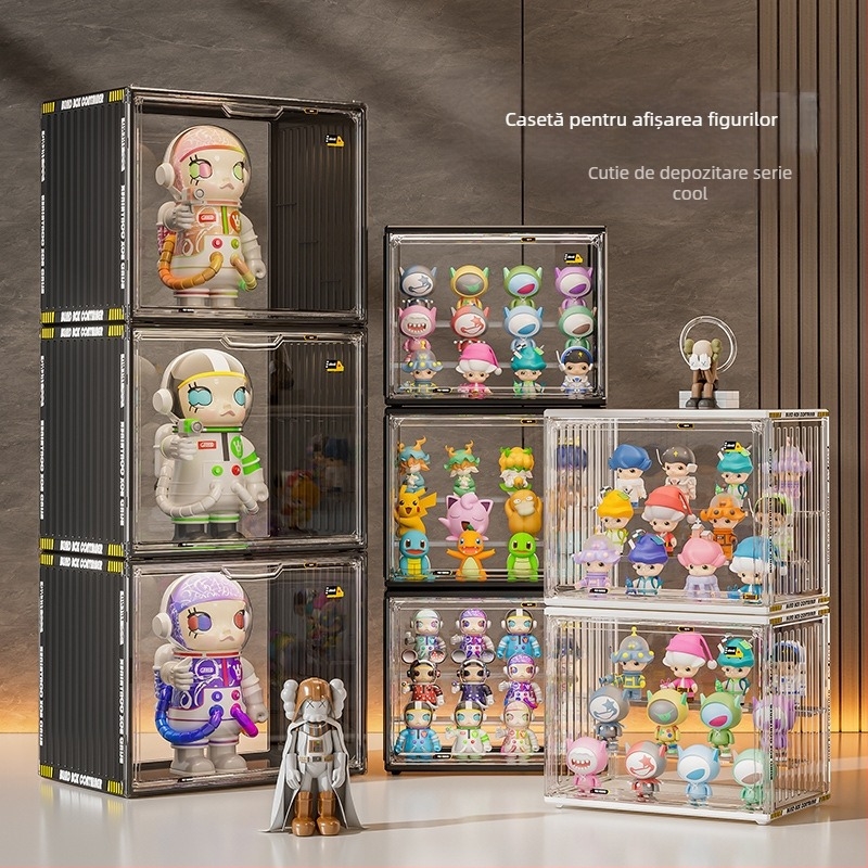 Vitrină de expunere pentru figuri, din PET transparent, cu compartimente, poate fi stivuit, capacitate 12 L, design modern