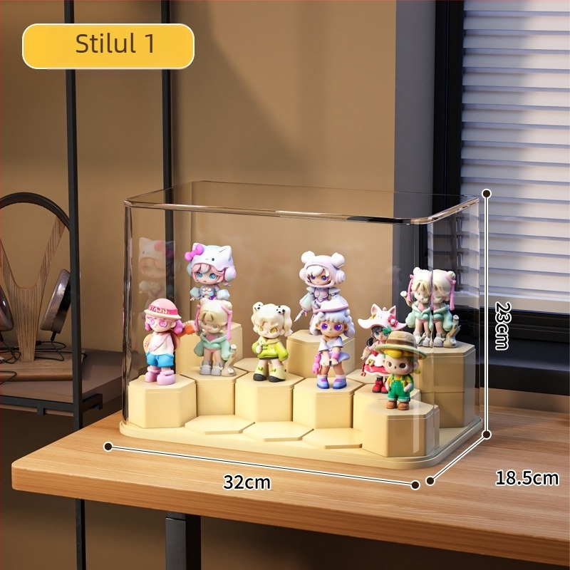 Vitrină de expunere pentru figuri, din PET transparent, cu compartimente, poate fi stivuit, capacitate 12 L, design modern