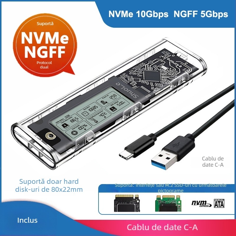 Carcasă SSD M.2 NVMe/NGFF cu dual-protocol, afișaj digital inteligent pentru sănătatea discului, USB 3.2 Gen2 Type-C, 10 Gbps, până la 4 TB
