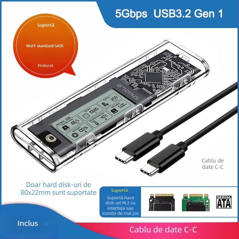 Carcasă SSD M.2 NVMe/NGFF cu dual-protocol, afișaj digital inteligent pentru sănătatea discului, USB 3.2 Gen2 Type-C, 10 Gbps, până la 4 TB